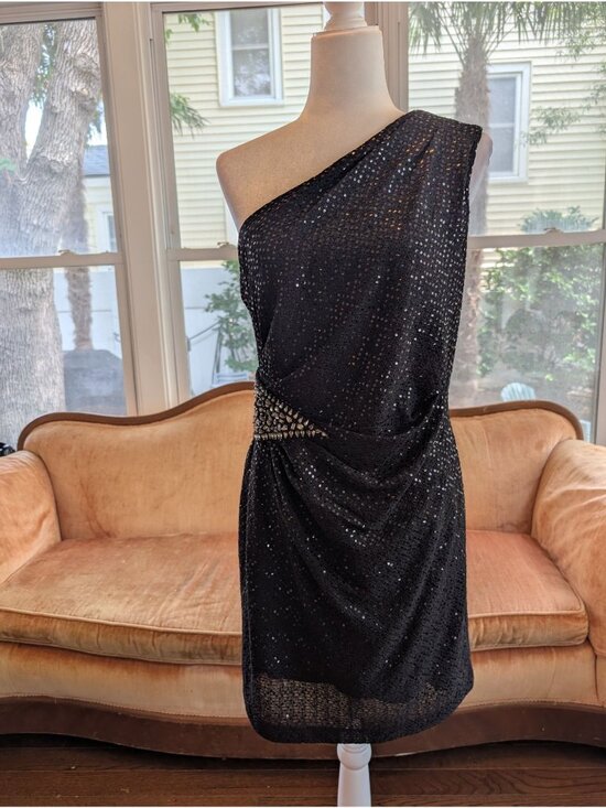 Jackie Jon Dresses & Skirts - Vintage Jackie Jon NY Black Sequin One-Shoulder Cocktail Mini Dress Size 14
